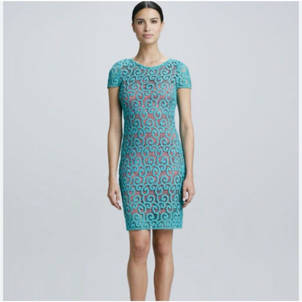Elie Tahari Embroidered Crochet Lace 2 Piece Dress Teal Orange